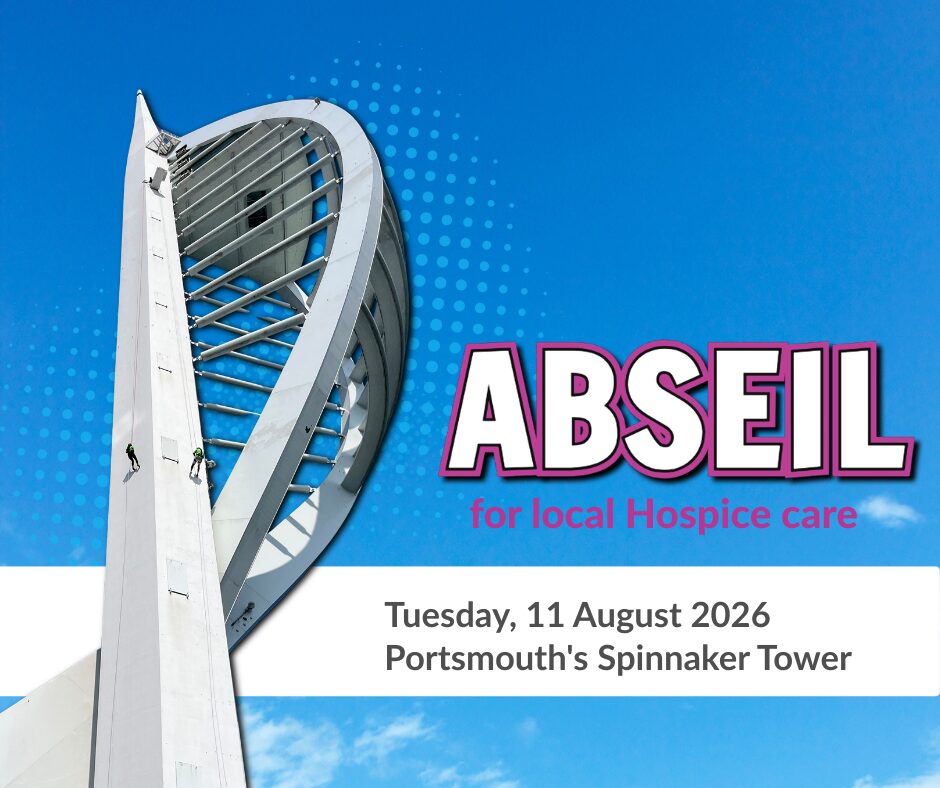 white pointy tower in portsmouth called spinnaker tower at an angle with blue sky background and text saying abseil and the date of the abseil which is tuesday 11 august