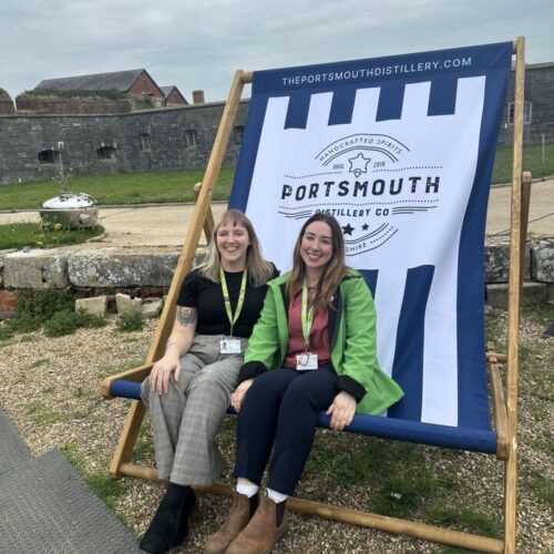 Alice and Bex on a big bench
