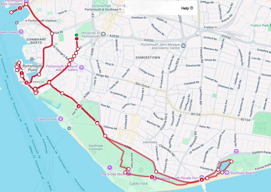 Map with route starting at HMS Temeraire, through to the Historic Dockyard, Canoe Lake and back to HMS Temeraire