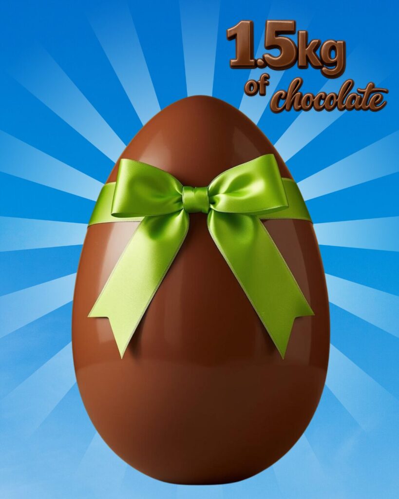 Portrait image of a chocolate egg with a green bow around the top. The background is bright blue and there is white semi-transparent lines coming from behind the egg. above the egg is text in chocolate dripping style, that says "1.5kg of chocolate"