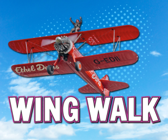 Woman on top of red biplane, the plane is in the sky, the sky is blue with scattered light clouds on the bottom. At the bottom of the picture is white text with pink border reading "Wing Walk"