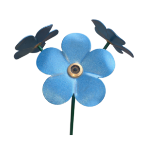 hand crafted three blue forget me not ornaments on one metal stem