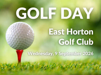 Close up image of golf ball on red tee on grass. The golf ball and tee are aligned to the left, on the right there's text "Golf Day, East Horton Golf Club, Wednesday, 8 September 2026"