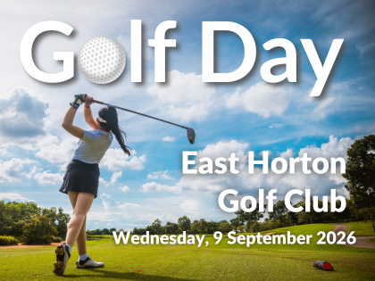 Woman golfing on green with b;ue skies. The woman is mid putting movement. She wears a sports skirt, a white tshirts, and long hair in a ponytail with a golf cap. Above her theres text; "Golf Day". Next to her there is text; "East Horton Golf Club, Wednesday, 9 September 2026"