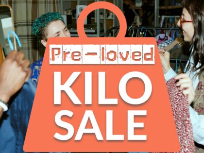 orange weight with words saying pre loved kilo sale on top of an image of three people holding rails of clothes and smiling at each other