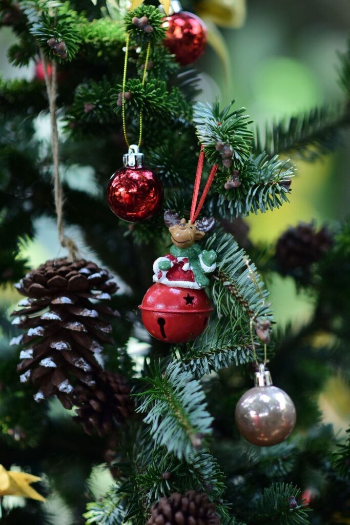 zoomed in photo of a pine christmas tree with various red and gold shiny baubles hanging off the bristles