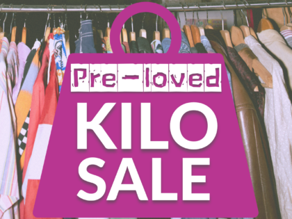 pink weight with words saying pre loved kilo sale on top of an image with a rail of clothes