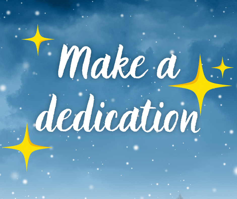 Light blue background with white text "make a dedication" and golden stars around