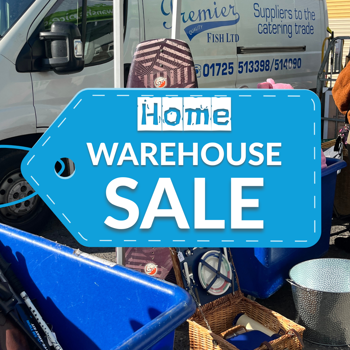 graphic tag saying home waerehouse sale with a van and items in the background