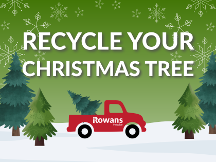 green graphic with white text saying recycle your christmas tree with snow and trees behind it and a red car carrying a tree infront